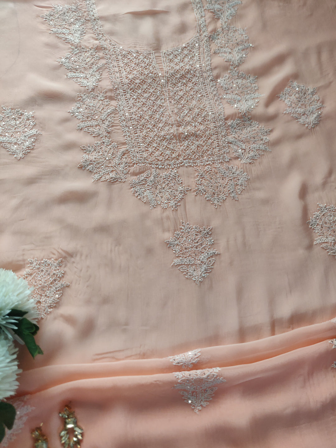 Peach Organza Chikankari kurta Dupatta Fabric