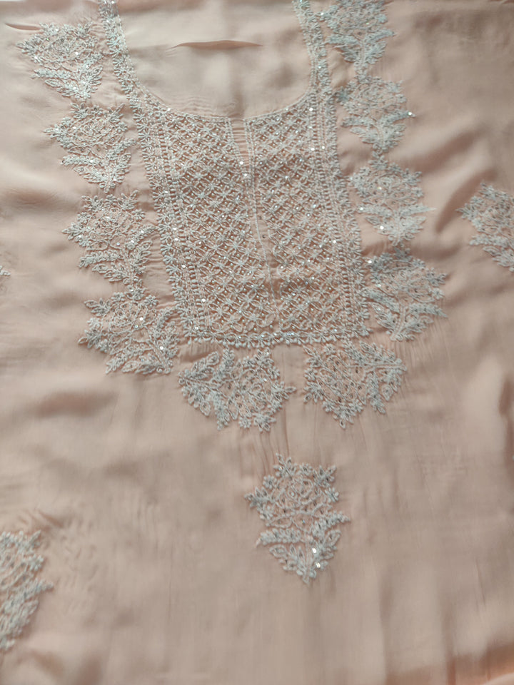 Peach Organza Chikankari kurta Dupatta Fabric
