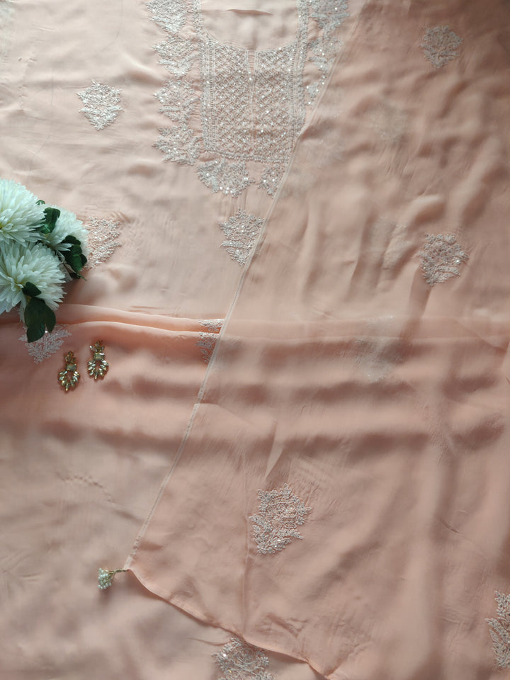Peach Organza Chikankari kurta Dupatta Fabric