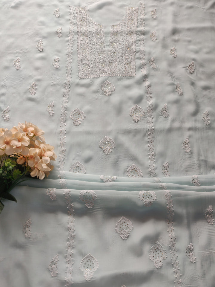 Light Sky Blue Pure Georgette Chikankari kurta Dupatta Fabric