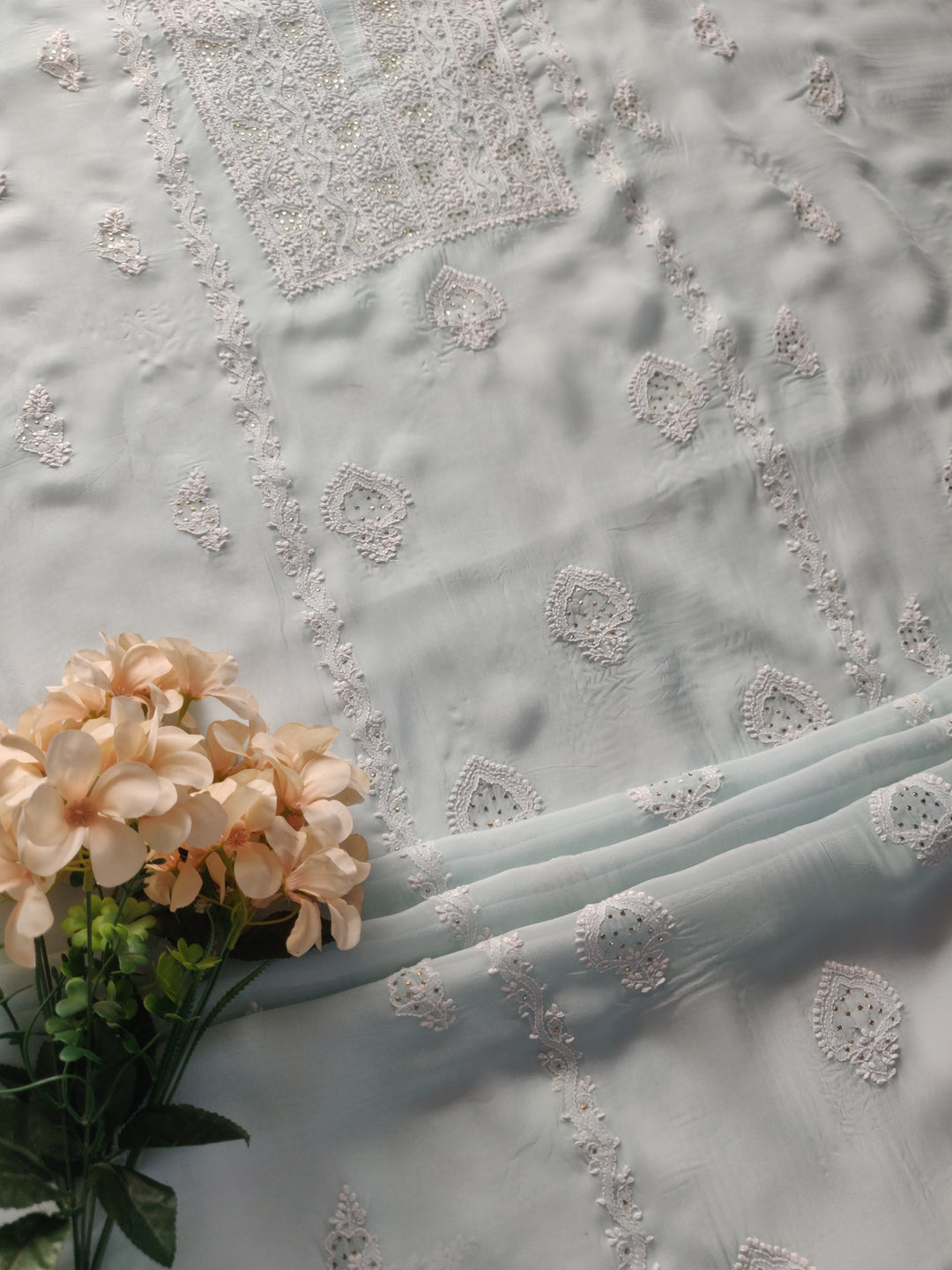 Light Sky Blue Pure Georgette Chikankari kurta Dupatta Fabric