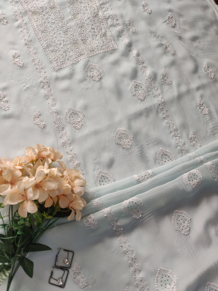 Light Sky Blue Pure Georgette Chikankari kurta Dupatta Fabric