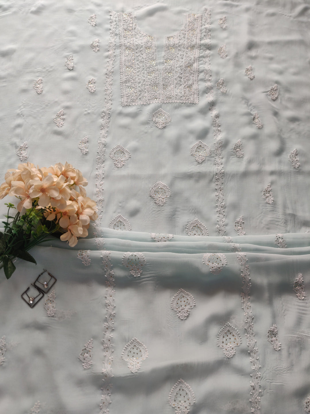 Light Sky Blue Pure Georgette Chikankari kurta Dupatta Fabric