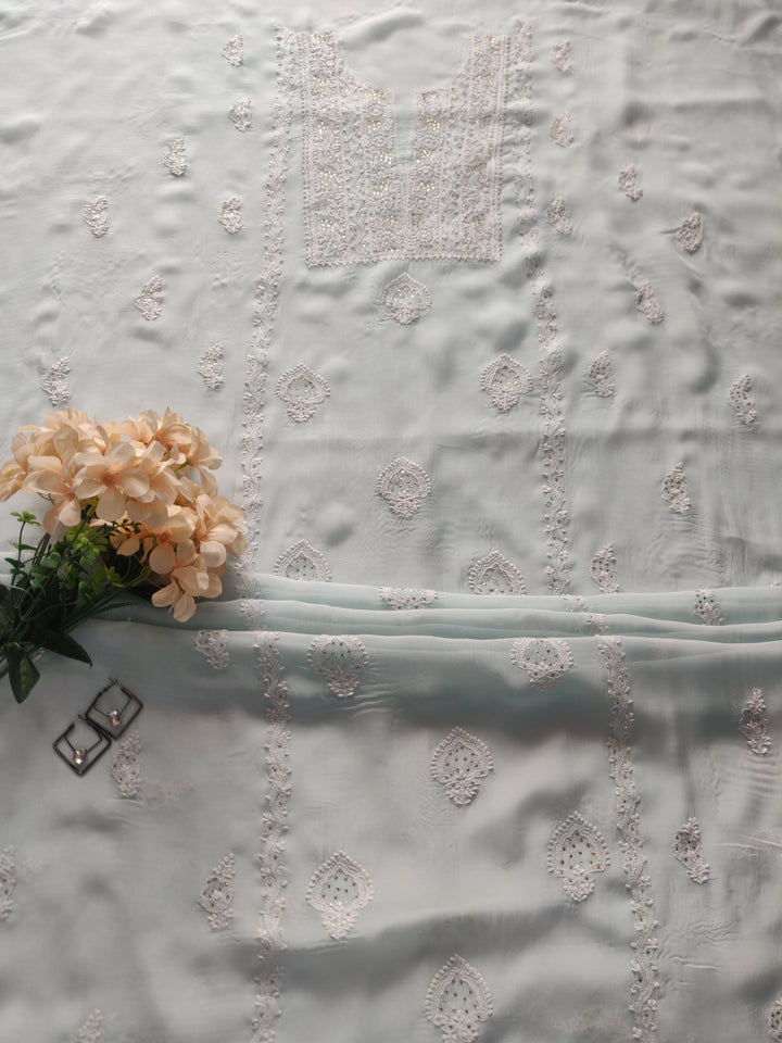 Light Sky Blue Pure Georgette Chikankari kurta Dupatta Fabric