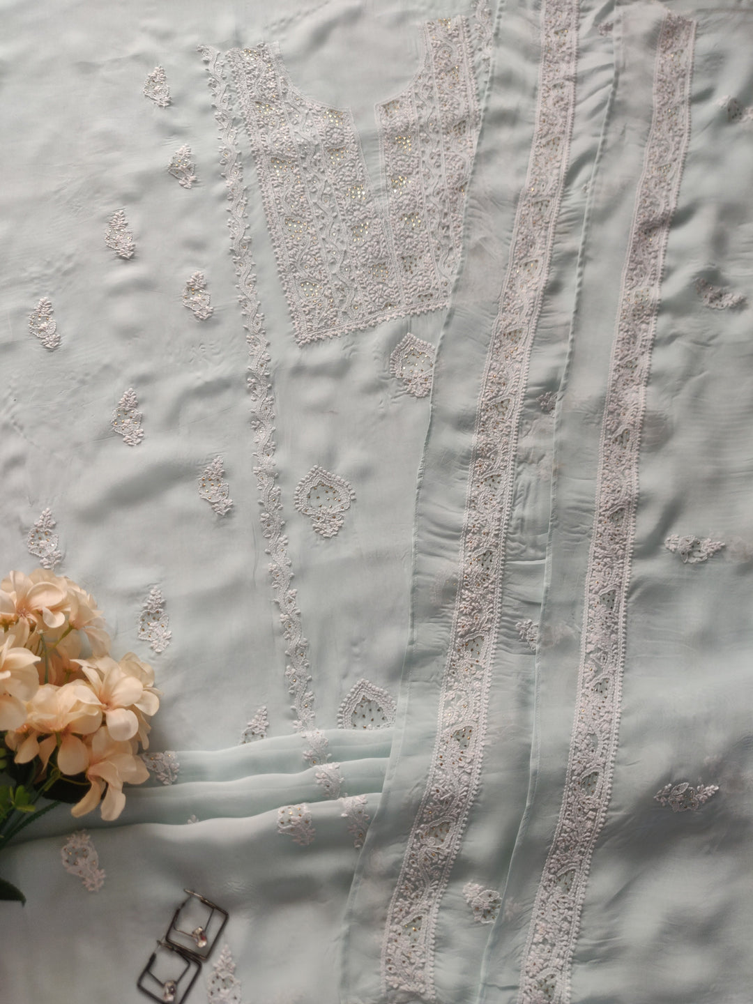 Light Sky Blue Pure Georgette Chikankari kurta Dupatta Fabric
