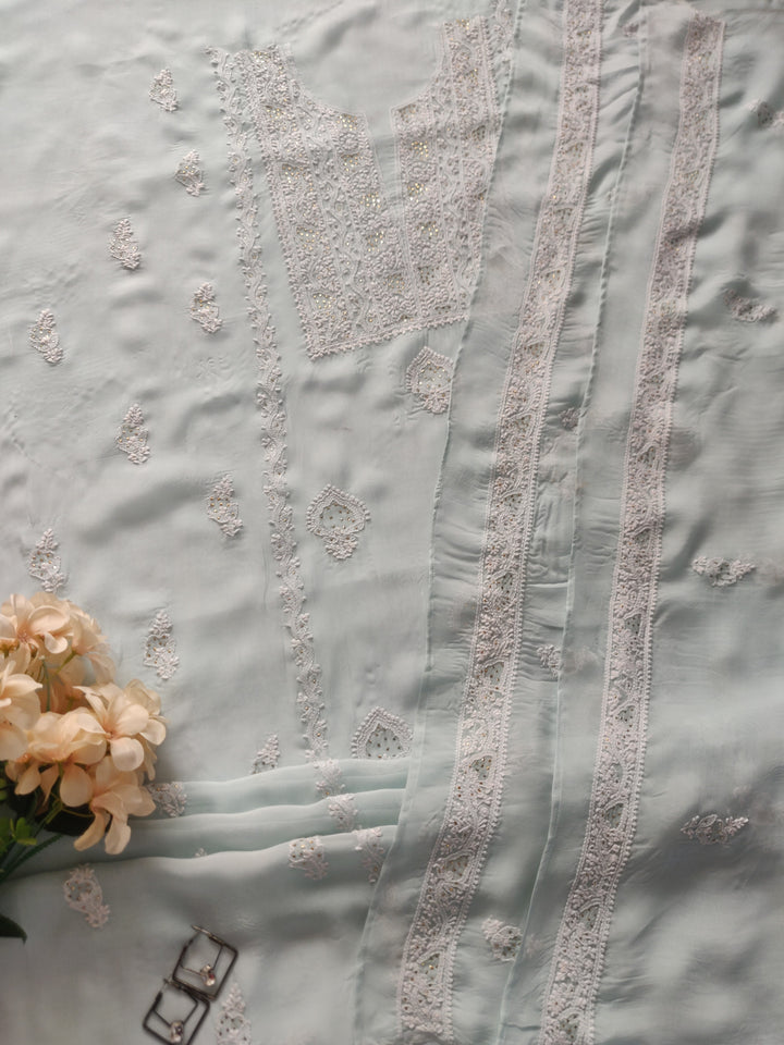 Light Sky Blue Pure Georgette Chikankari kurta Dupatta Fabric