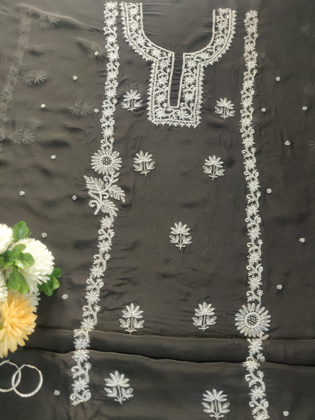 Black Organza Chikankari kurta Dupatta Fabric