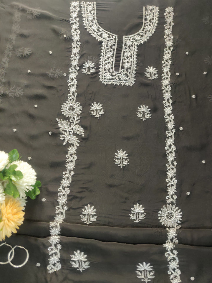 Black Organza Chikankari kurta Dupatta Fabric