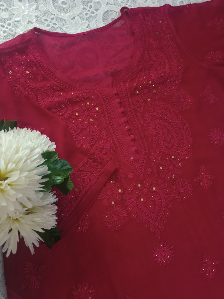 Rani Pink Chikankari Georgette Suit Set-Custom Made