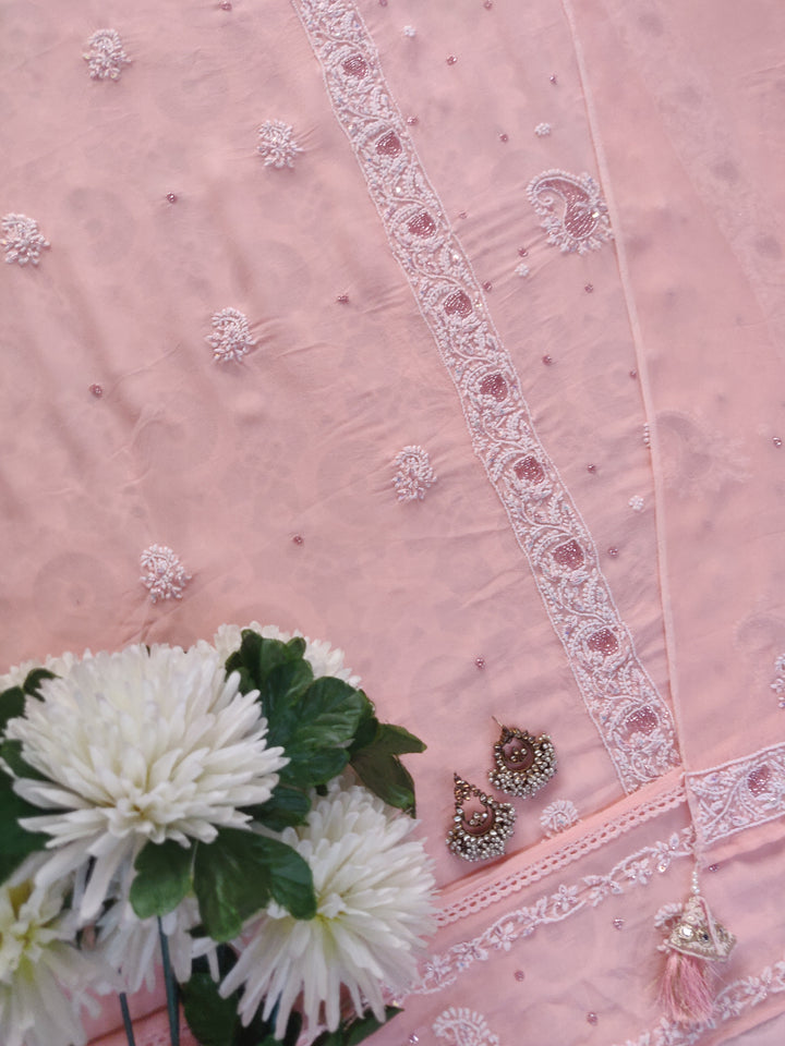 Peach Pure Georgette Chikankari Kurta Dupatta Fabric