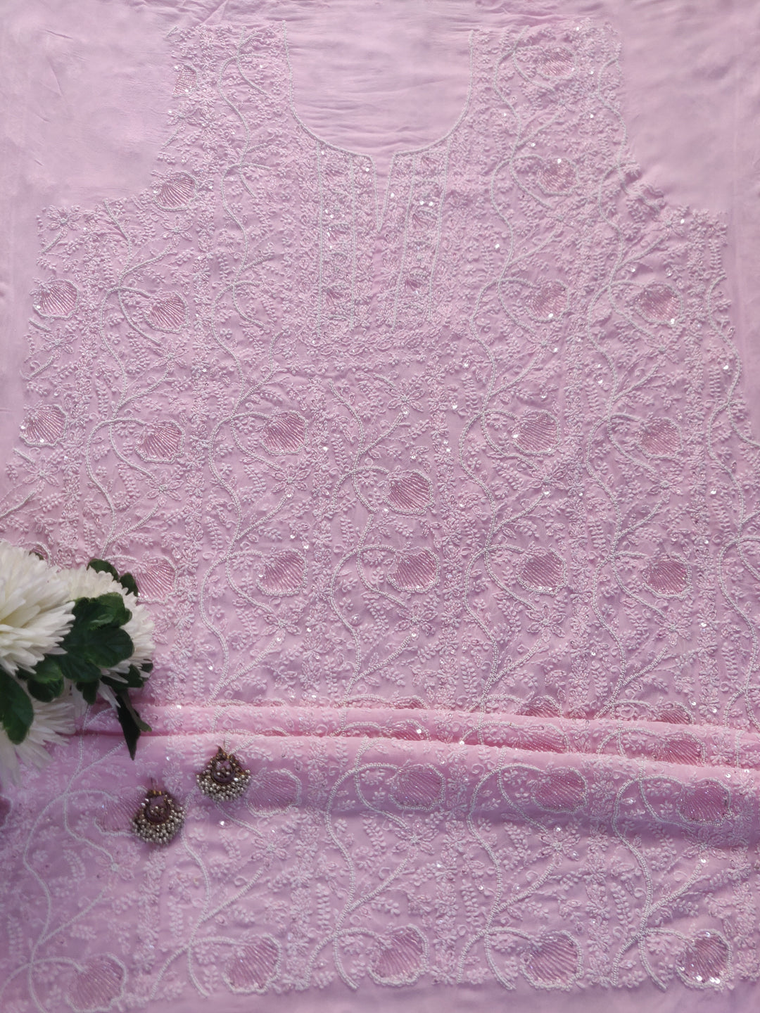 Pink Pure Georgette Chikankari Kurta Dupatta Fabric