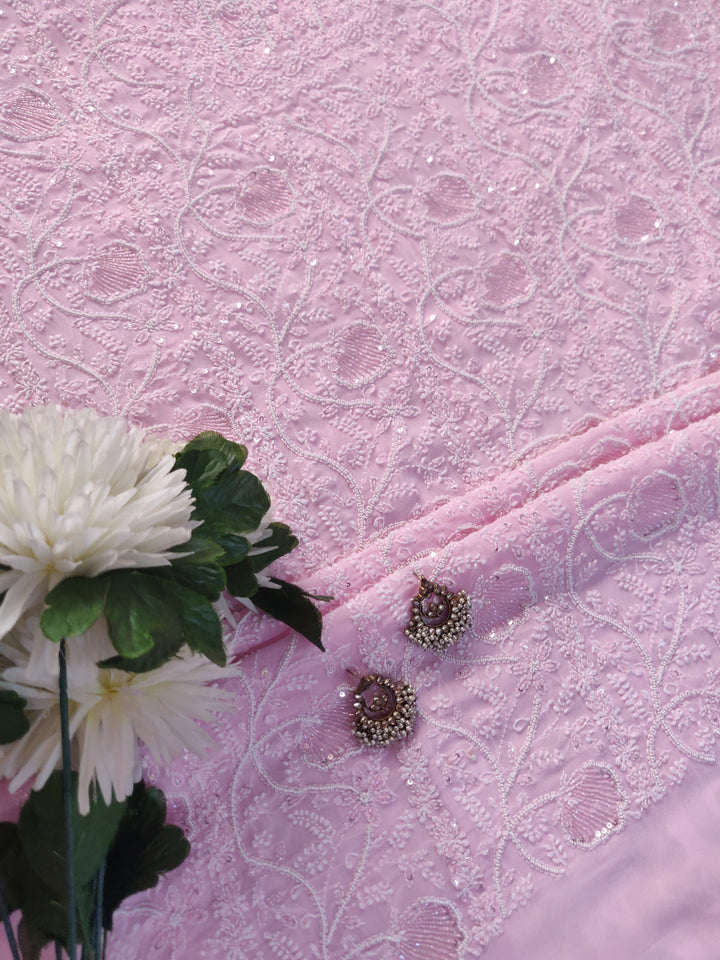 Pink Pure Georgette Chikankari Kurta Dupatta Fabric