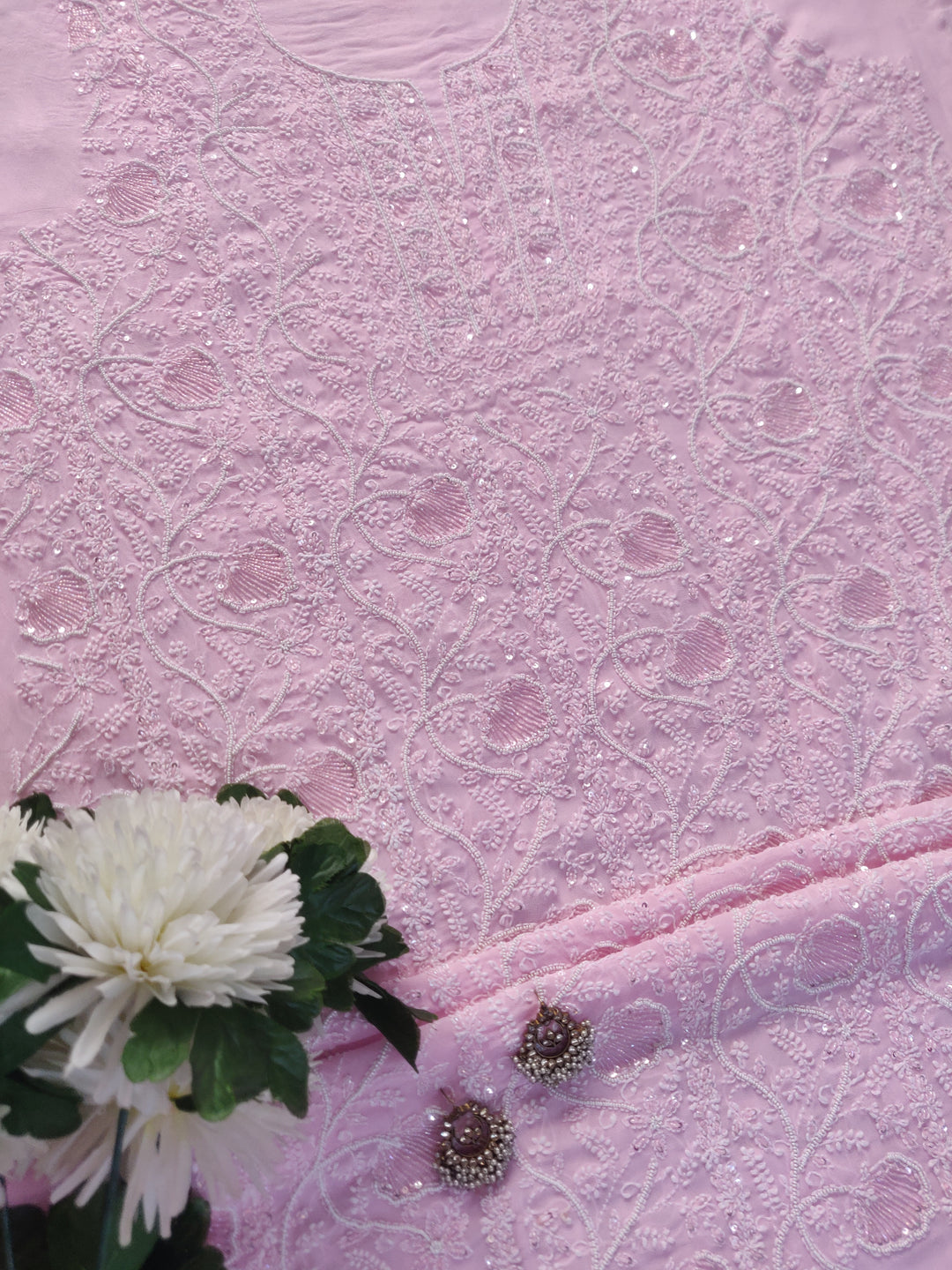 Pink Pure Georgette Chikankari Kurta Dupatta Fabric