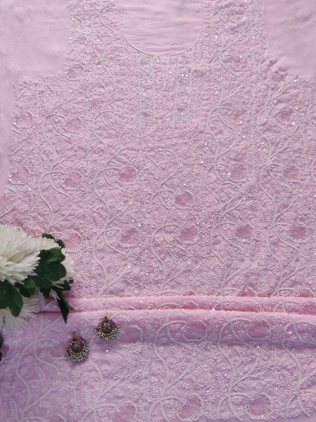 Pink Pure Georgette Chikankari Kurta Dupatta Fabric