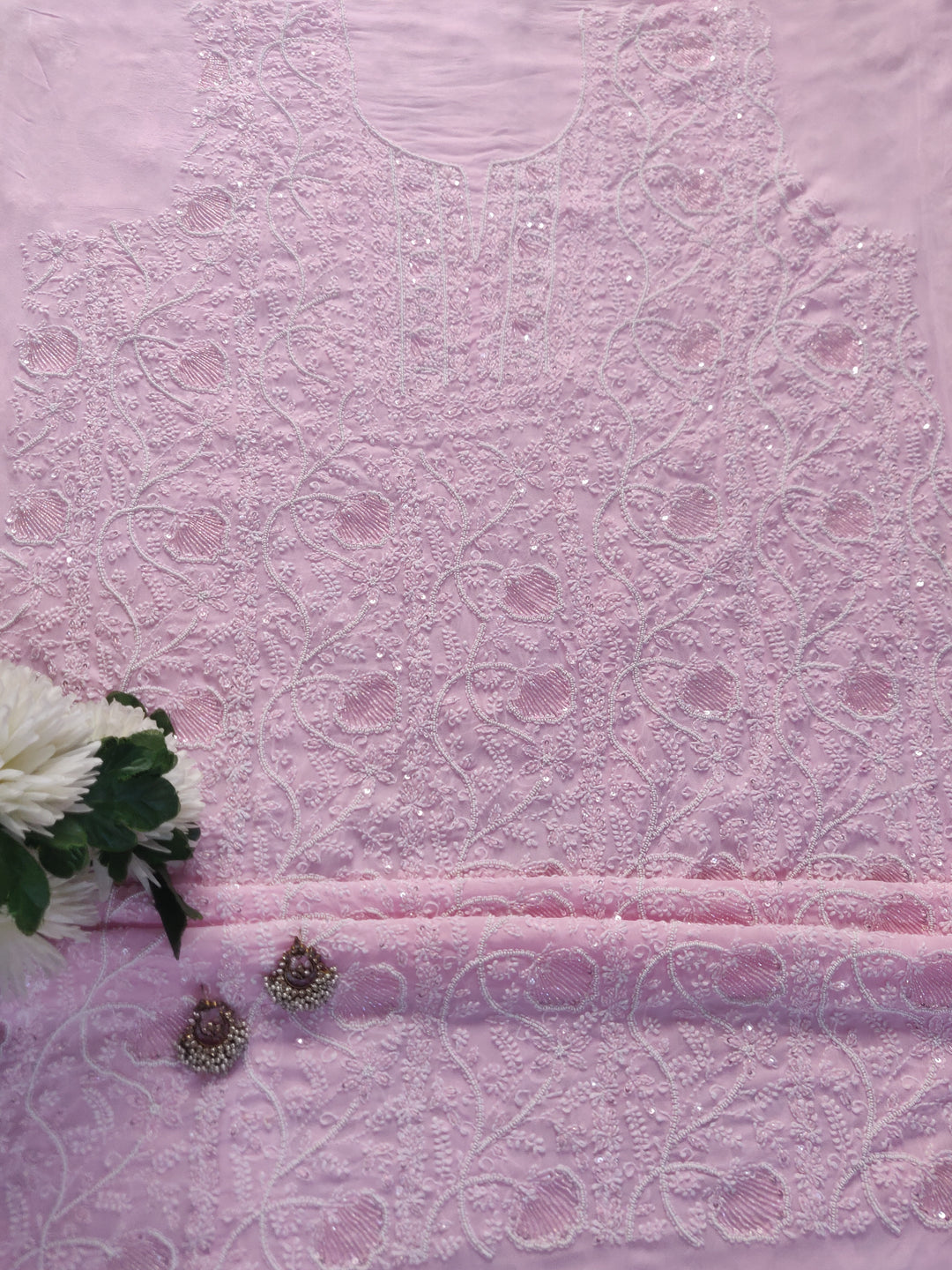 Pink Pure Georgette Chikankari Kurta Dupatta Fabric