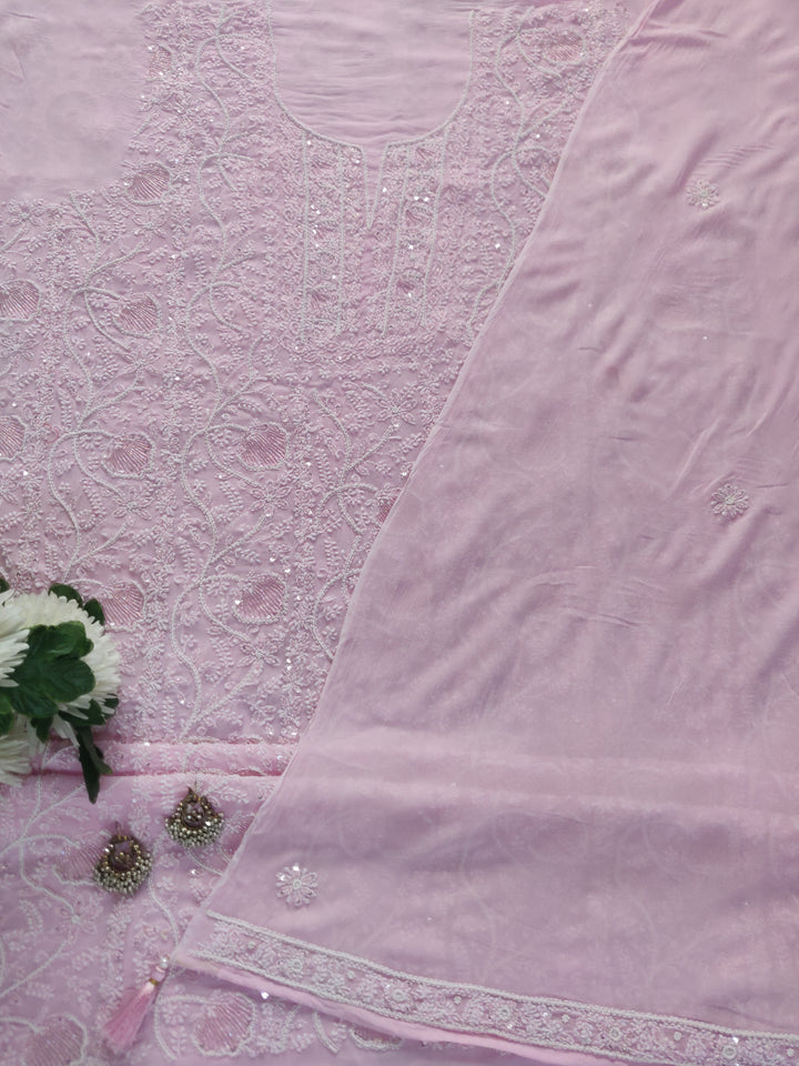 Pink Pure Georgette Chikankari Kurta Dupatta Fabric