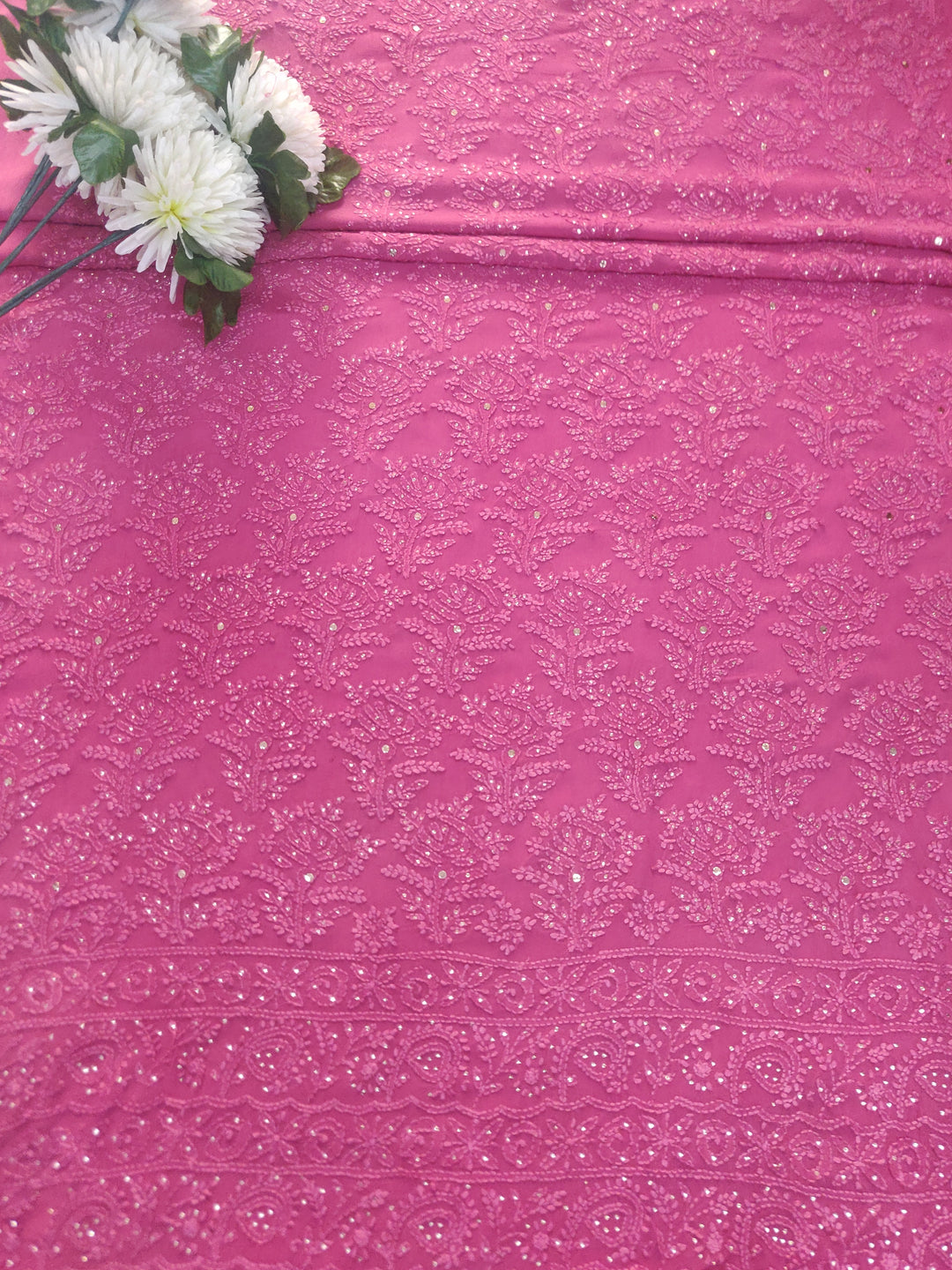 Onion Pink Pure Georgette Chikankari kurta dupatta Fabric