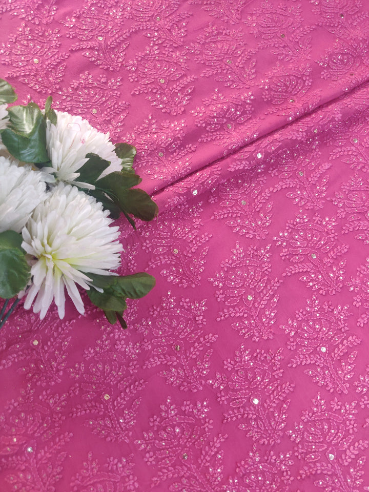 Onion Pink Pure Georgette Chikankari kurta dupatta Fabric