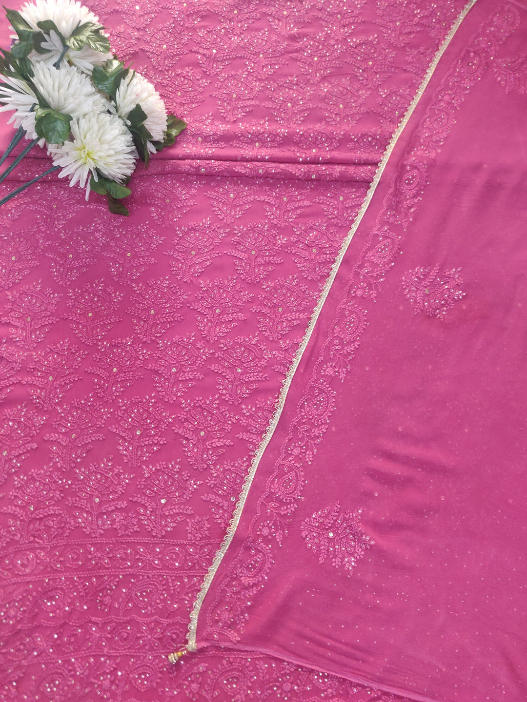 Onion Pink Pure Georgette Chikankari kurta dupatta Fabric
