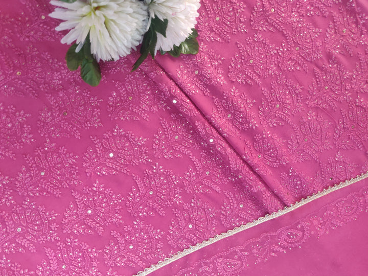 Onion Pink Pure Georgette Chikankari kurta dupatta Fabric