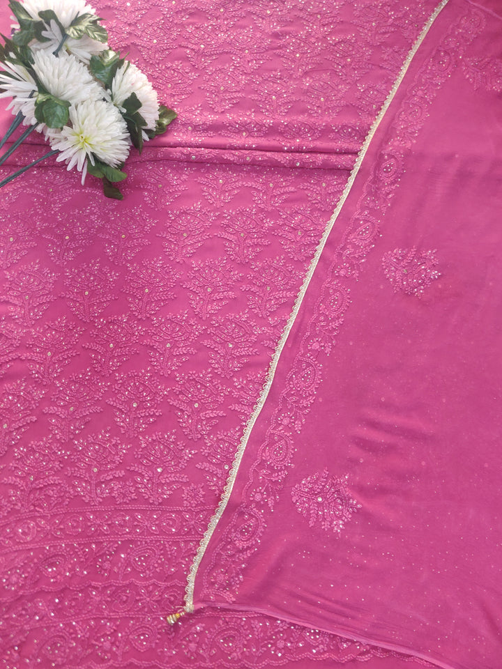 Onion Pink Pure Georgette Chikankari kurta dupatta Fabric