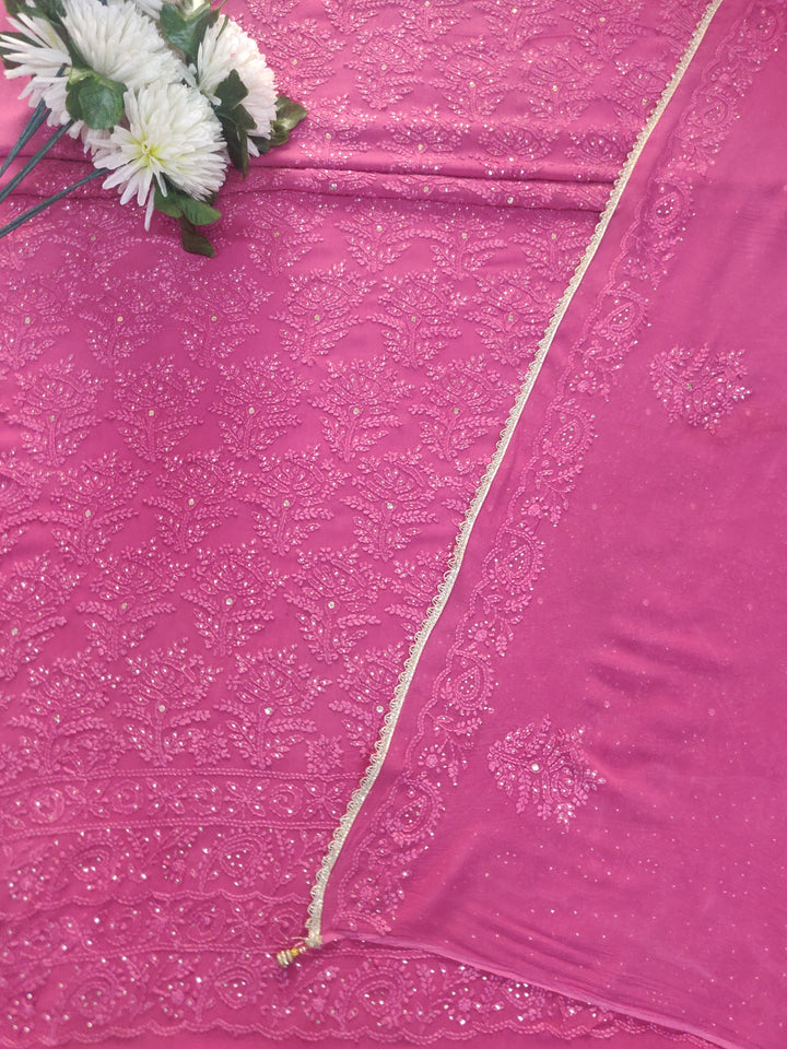 Onion Pink Pure Georgette Chikankari kurta dupatta Fabric