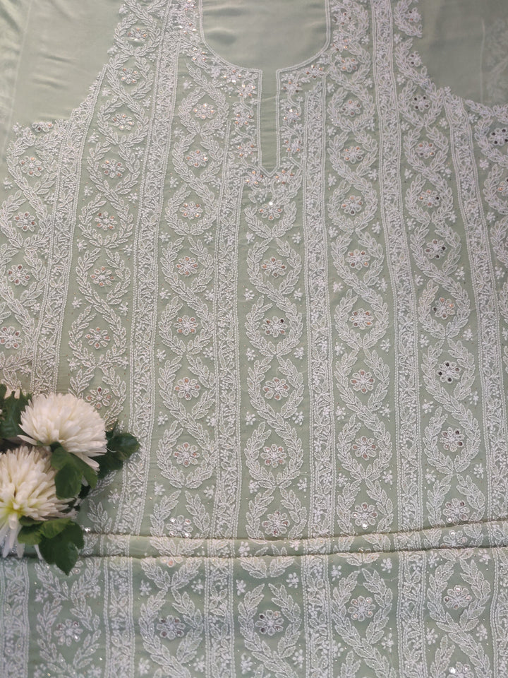 Light Green Pure Georgette Chikankari kurta dupatta Fabric