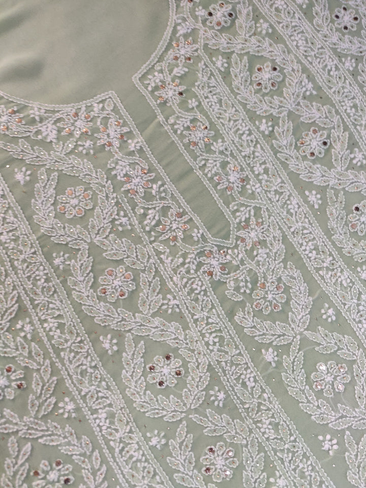 Light Green Pure Georgette Chikankari kurta dupatta Fabric