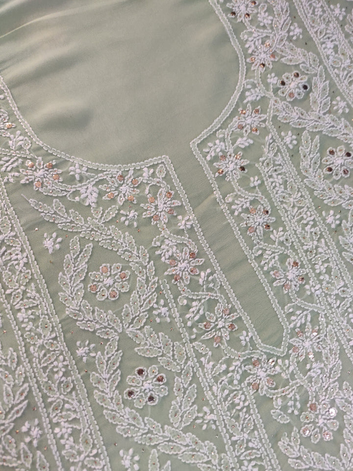 Light Green Pure Georgette Chikankari kurta dupatta Fabric