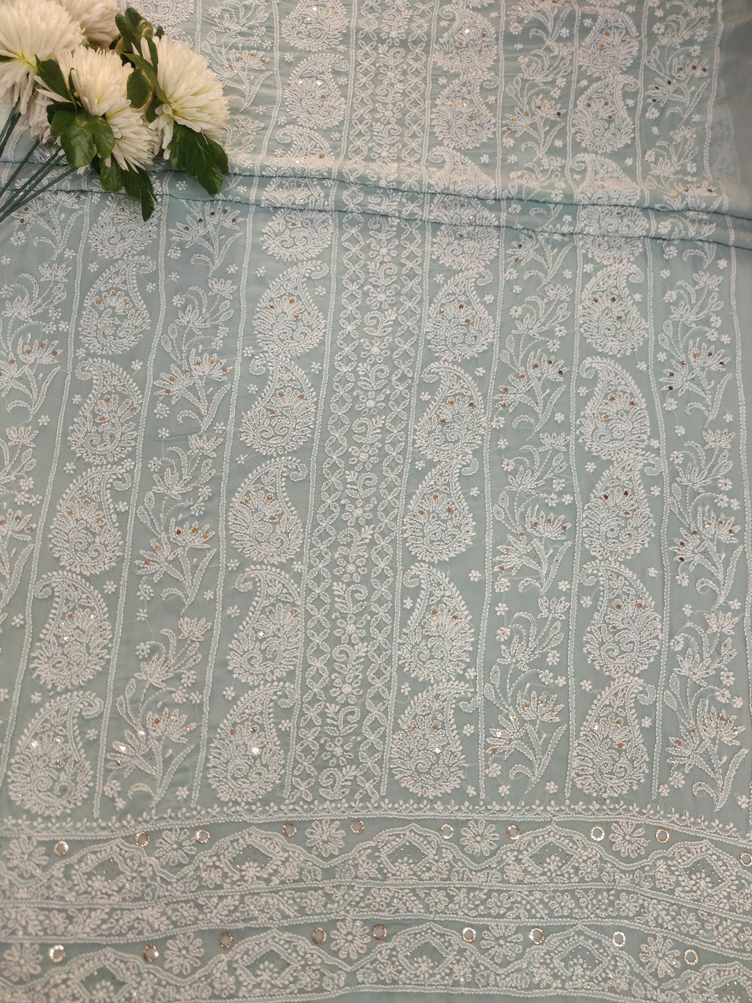Sea Blue Pure Georgette Chikankari kurta dupatta Fabric