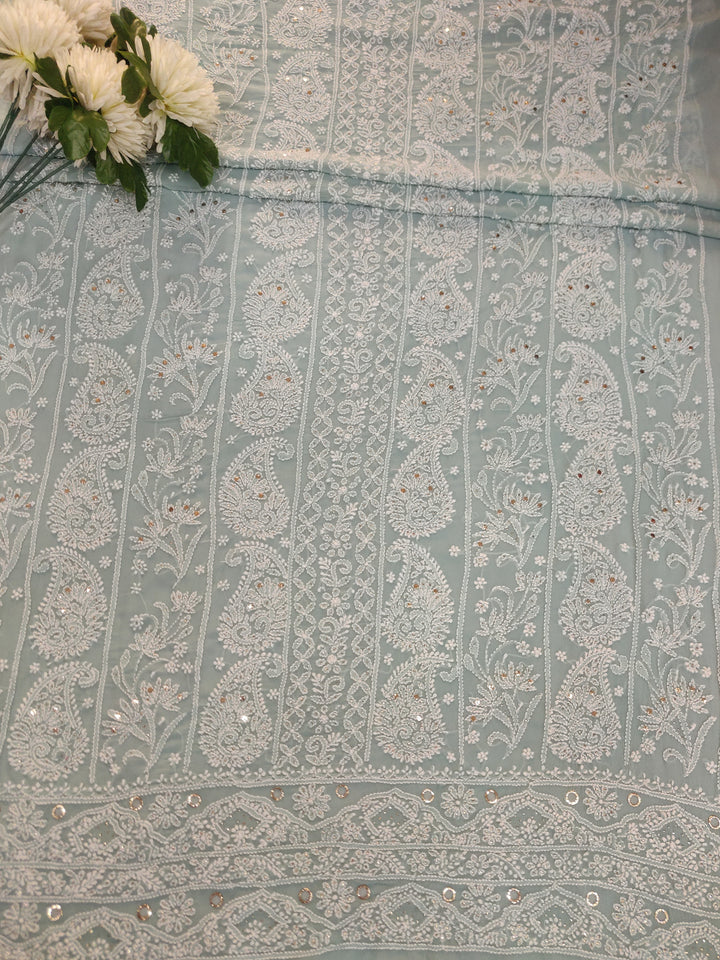 Sea Blue Pure Georgette Chikankari kurta dupatta Fabric
