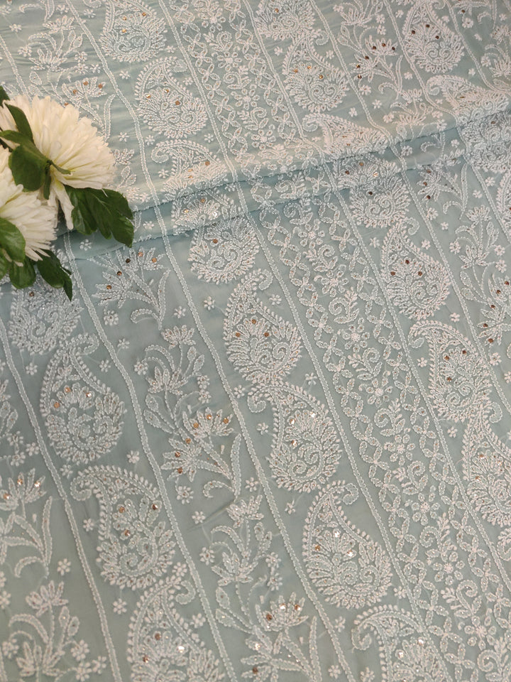 Sea Blue Pure Georgette Chikankari kurta dupatta Fabric