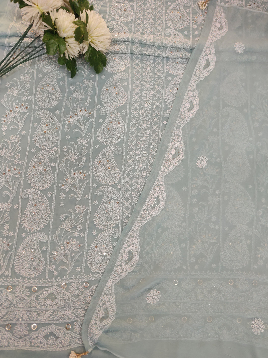 Sea Blue Pure Georgette Chikankari kurta dupatta Fabric