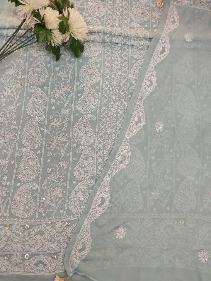 Sea Blue Pure Georgette Chikankari kurta dupatta Fabric