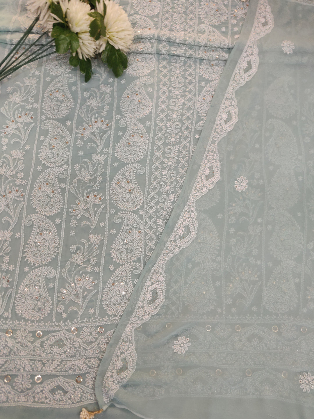 Sea Blue Pure Georgette Chikankari kurta dupatta Fabric