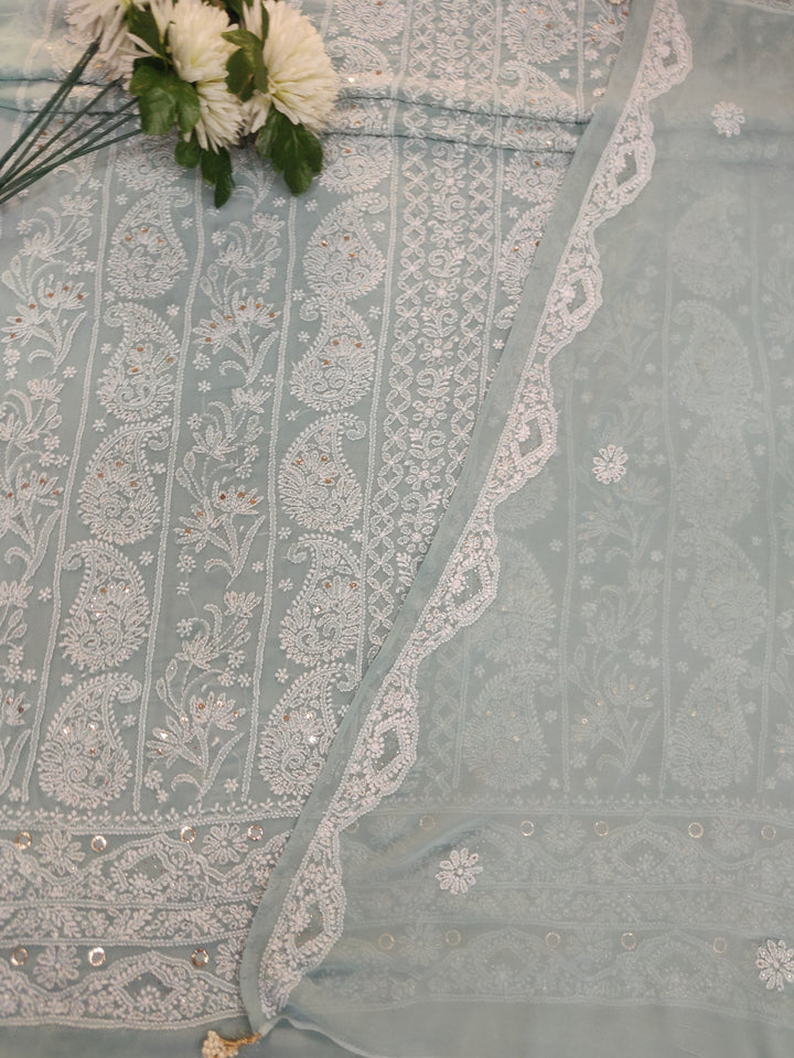 Sea Blue Pure Georgette Chikankari kurta dupatta Fabric