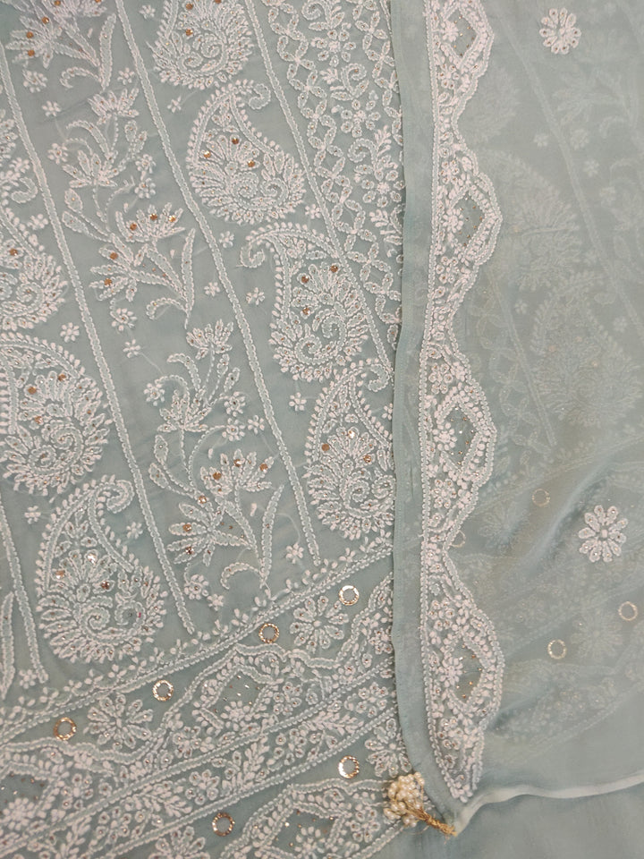 Sea Blue Pure Georgette Chikankari kurta dupatta Fabric