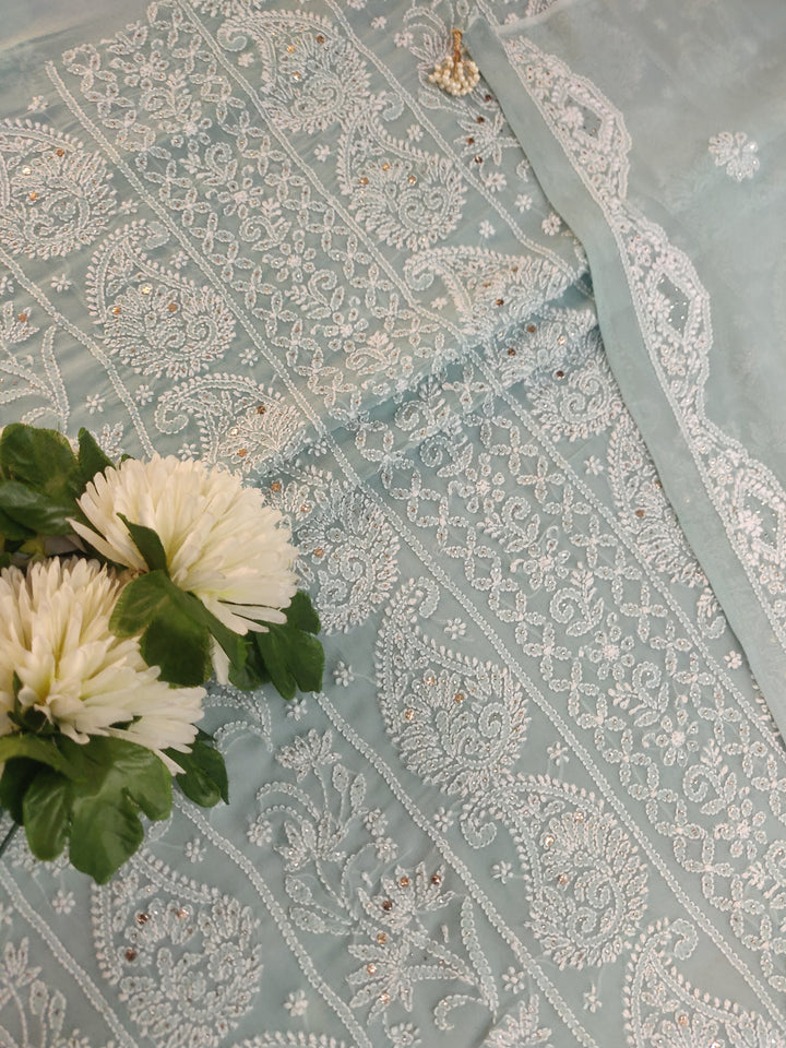 Sea Blue Pure Georgette Chikankari kurta dupatta Fabric