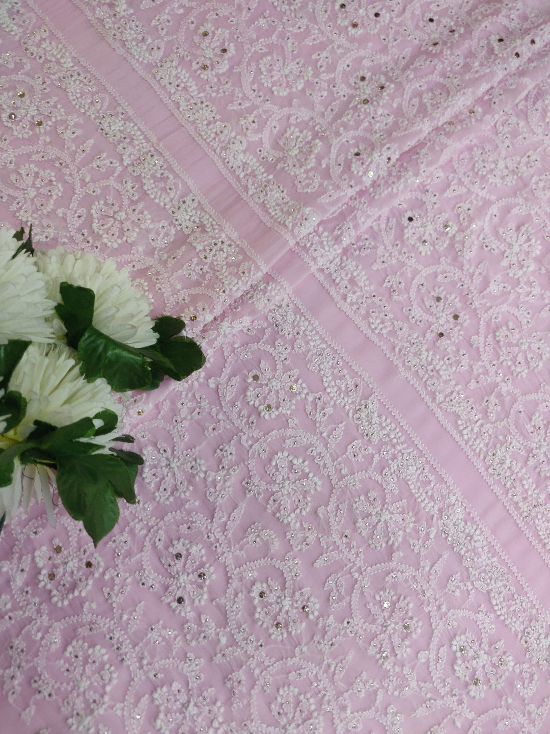 Baby Pink Pure Georgette Chikankari kurta dupatta Fabric
