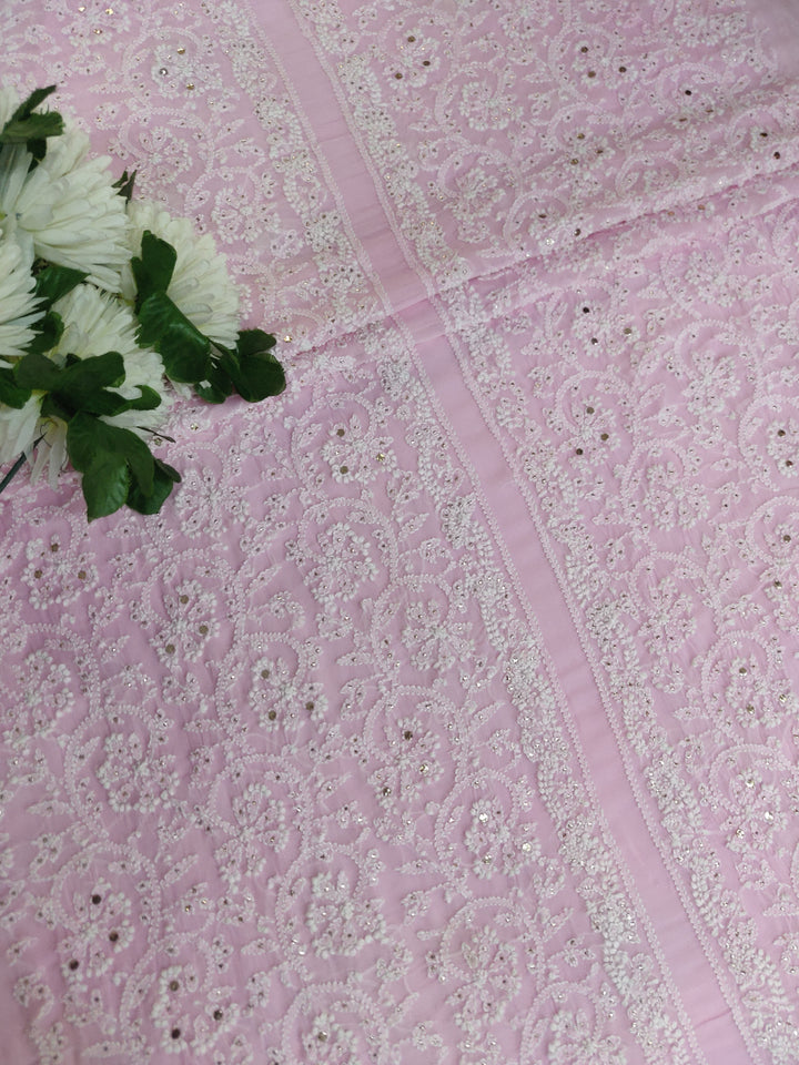 Baby Pink Pure Georgette Chikankari kurta dupatta Fabric