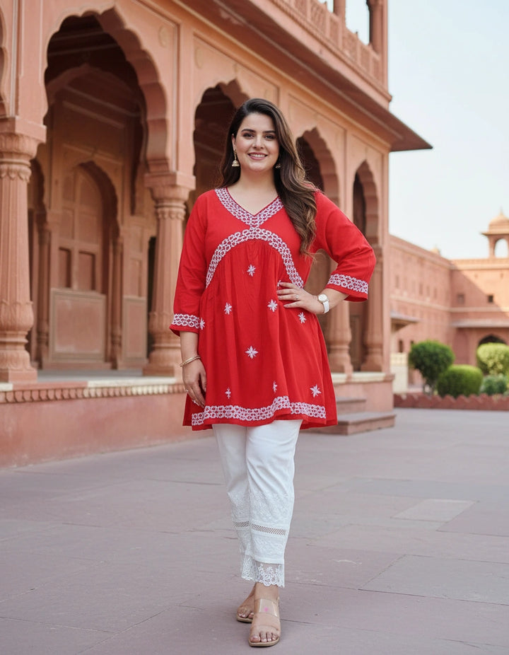 Red A-Line Rayon Chikankari Short Kurta  -Custom Made