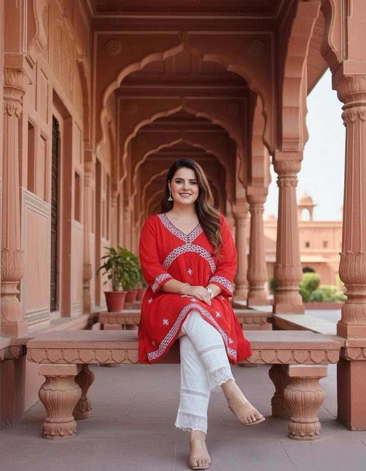 Red A-Line Rayon Chikankari Short Kurta  -Custom Made