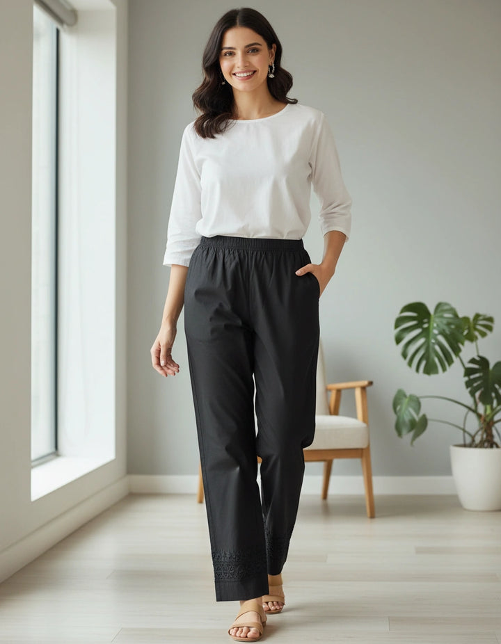 Black Stretchable Cotton Chikankari Pant Custom -Made