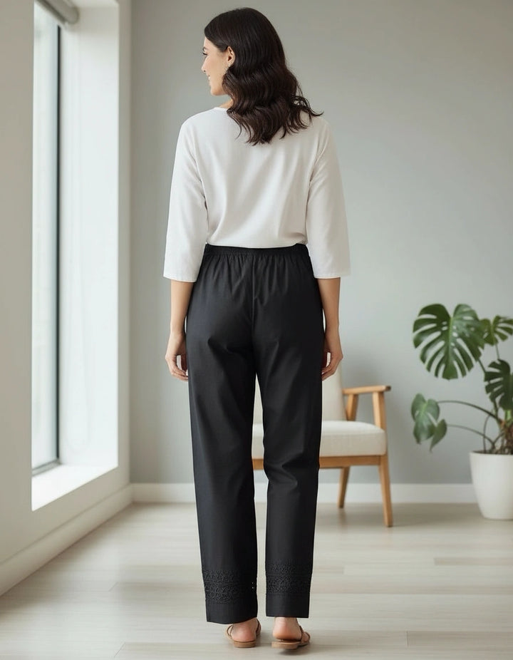 Black Stretchable Cotton Chikankari Pant Custom -Made