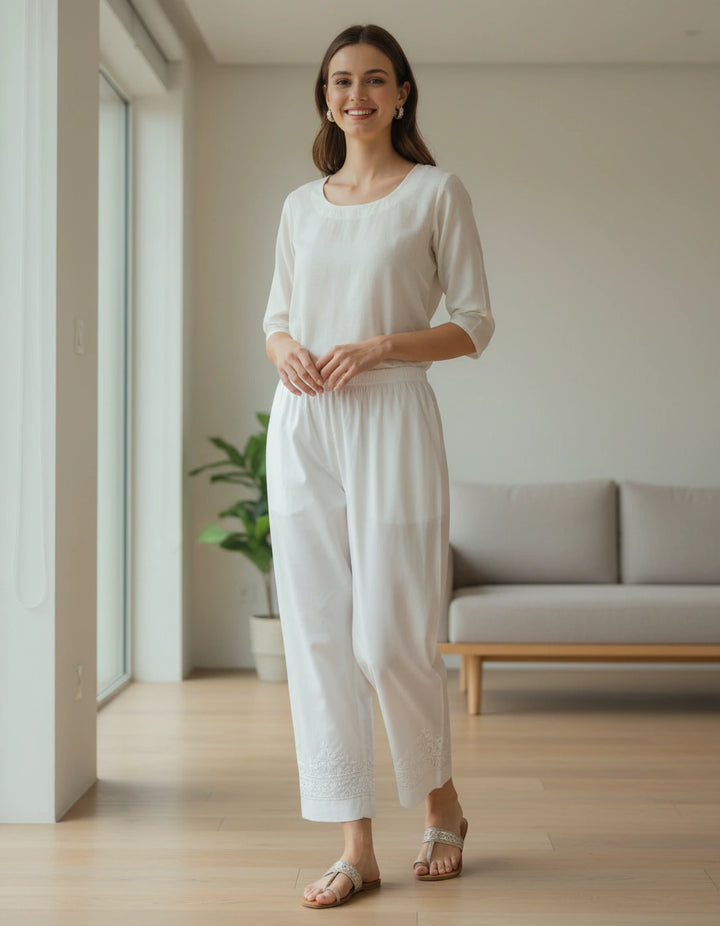 White Stretchable Cotton Pant Chikankari Custom -Made