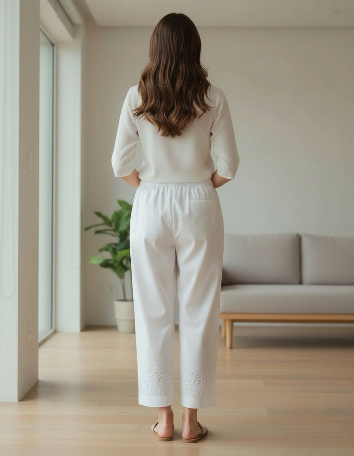 White Stretchable Cotton Pant Chikankari Custom -Made