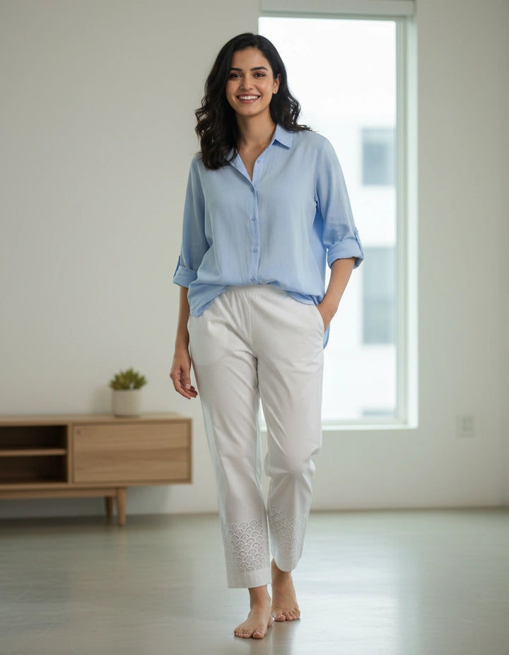 White Stretchable Cotton Chikankari Pant Custom -Made