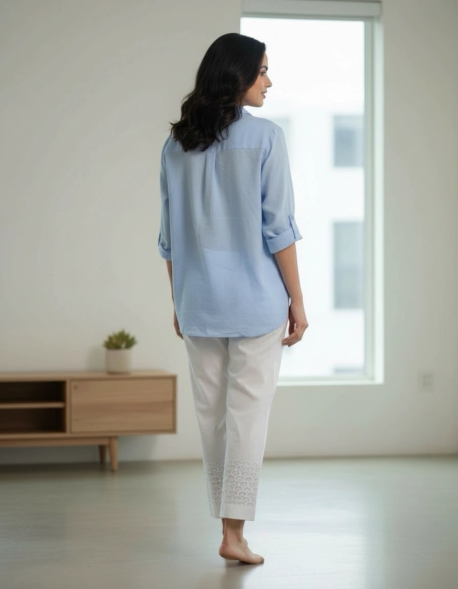 White Stretchable Cotton Chikankari Pant Custom -Made