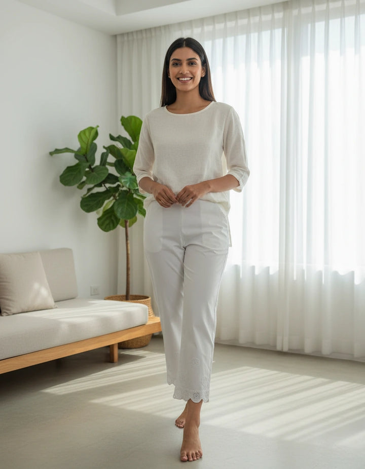 White Stretchable Cotton Chikankari Pant Custom -Made