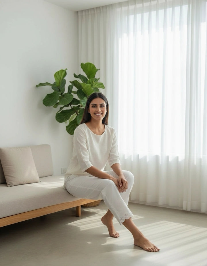 White Stretchable Cotton Chikankari Pant Custom -Made